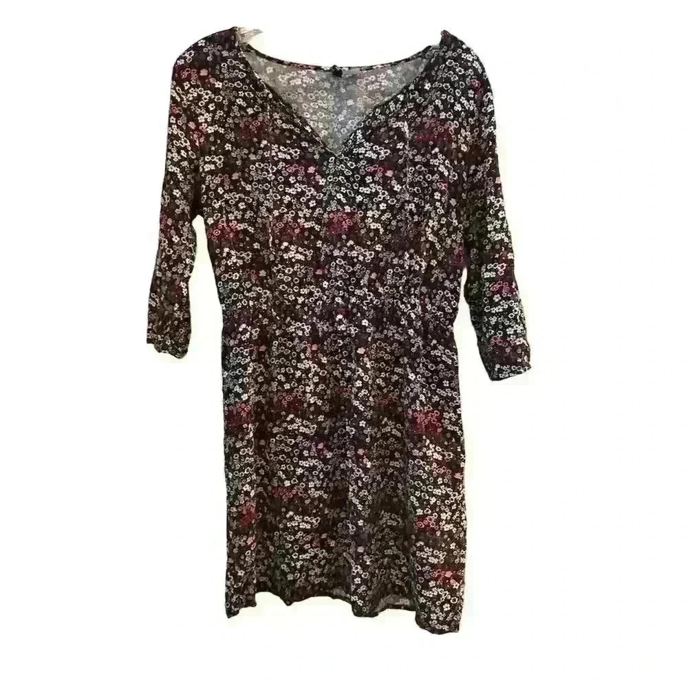 H&M Divided Women's Black Floral‎ Shift Dress Size 14 Short 3/4 Sleeve